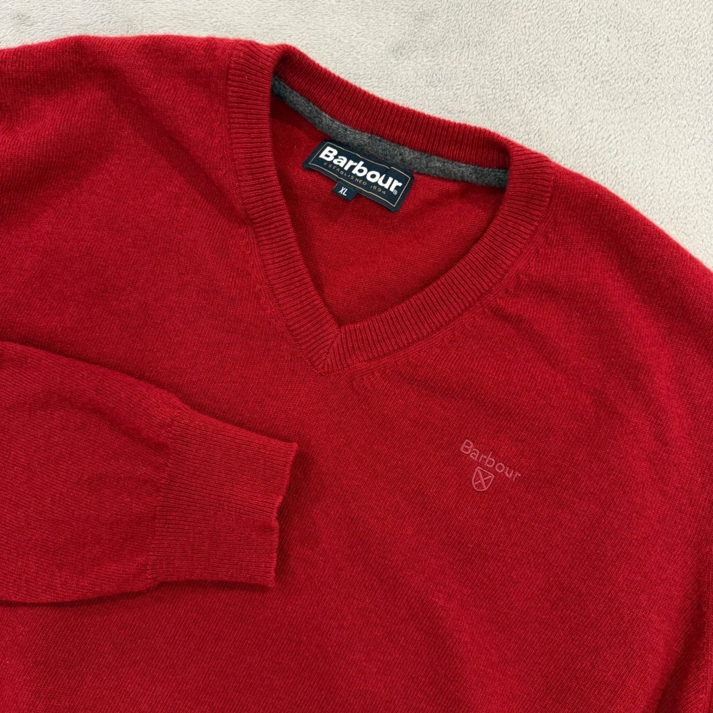 Barbour V-Neck Sweater Wool Mens Size XL Red Long Sleeve Embroidered Logo